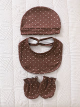 SHEIN Lot de 5 pour nouveau-nés filles : barboteuse, bonnet, bavoir, couverture et moufles, imprimé pois marron doux, devant à pressions, manches longues, col rond, style princesse douillet pour les fêtes d'automne et Halloween