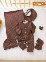 SHEIN Lot de 5 pour nouveau-nés filles : barboteuse, bonnet, bavoir, couverture et moufles, imprimé pois marron doux, devant à pressions, manches longues, col rond, style princesse douillet pour les fêtes d'automne et Halloween
