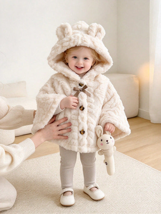 Cape à capuche pour bébé fille, petite princesse mignonne, top chaud pour les oreilles, vêtement d'extérieur ample à nœud papillon, résistant au froid