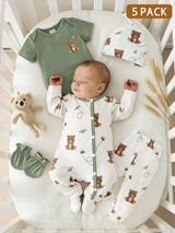 Ensemble 5 Pièces Bébé Garçon Combinaison Bonnet et Moufles