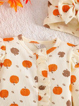 2 pièces Barboteuse à pieds pour bébé fille nouveau-né, imprimé princesse douce orange crème citrouille, volants, nœud, manches longues, style flutter, Halloween, automne, vacances, cadeau douillet