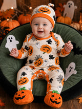 Combinaison à manches longues col ras-du-cou pour bébé garçon nouveau-né et tout-petit, thème fantôme et citrouille d'Halloween, avec bonnet, beige, automne, mignon, assorti pour la famille, pour séance photo de fête