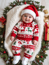 SHEIN 2 pièces Ensemble sweat-shirt + pantalon pour bébé fille, imprimé mignon rouge et blanc avec renne de Noël et sapin, manches longues en peluche épaisse, tenue de fête d'hiver et de vacances