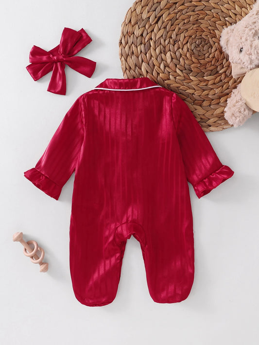 1 pièce Barboteuse à pieds rayée bordeaux pour nouveau-né + Bandeau assorti, Col blanc avec broderie de nœud, Style vintage de luxe, Tissu de soie synthétique lisse à motif sombre, Barboteuse pour premier anniversaire, vacances, maison, sommeil, cadeau du Nouvel An