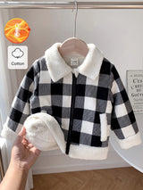 SHEIN Souflis Veste ouverte à carreaux noir et blanc doublée de thermique pour bébé fille/garçon, bordure en fourrure, Top cowgirl décontracté et modeste avec fermeture éclair pour automne/hiver, 6M-3T