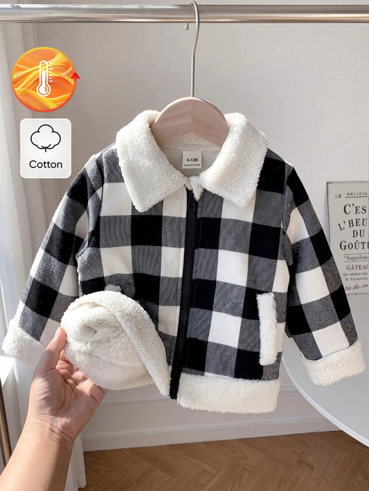 SHEIN Souflis Veste ouverte à carreaux noir et blanc doublée de thermique pour bébé fille/garçon, bordure en fourrure, Top cowgirl décontracté et modeste avec fermeture éclair pour automne/hiver, 6M-3T