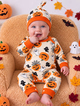Combinaison à manches longues col ras-du-cou pour bébé garçon nouveau-né et tout-petit, thème fantôme et citrouille d'Halloween, avec bonnet, beige, automne, mignon, assorti pour la famille, pour séance photo de fête