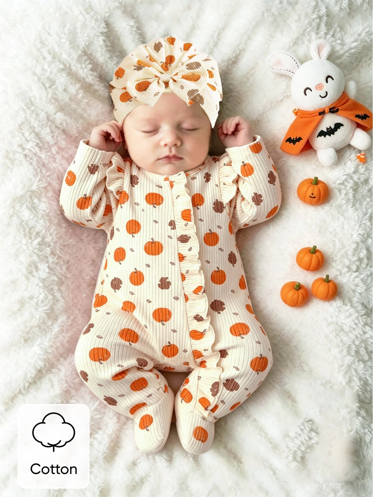 2 pièces Barboteuse à pieds pour bébé fille nouveau-né, imprimé princesse douce orange crème citrouille, volants, nœud, manches longues, style flutter, Halloween, automne, vacances, cadeau douillet
