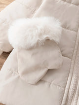 SHEIN Playful Pals Manteau matelassé d'hiver pour bébé fille avec capuche, grand col en fourrure, gants et fermeture éclair, vêtement d'extérieur automne/hiver, style décontracté polyvalent pour bébé fille hiver/printemps
