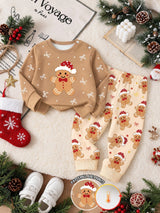 Ensemble Sweat-shirt-shirt et pantalon pour bébé fille nouveau-né, imprimé mignon bonhomme en pain d'épices et nœud, col ras-du-cou, manches longues, doublure thermique épaisse, tissu doux, convient pour les sorties de Noël, automne/hiver