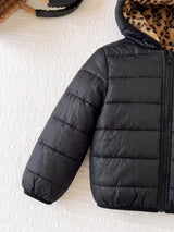 SHEIN Veste à capuche mignonne pour bébé fille en polaire noire avec imprimé léopard, style réversible épais, convient pour l'automne/l'hiver