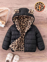 SHEIN Veste à capuche mignonne pour bébé fille en polaire noire avec imprimé léopard, style réversible épais, convient pour l'automne/l'hiver