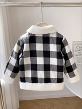 SHEIN Souflis Veste ouverte à carreaux noir et blanc doublée de thermique pour bébé fille/garçon, bordure en fourrure, Top cowgirl décontracté et modeste avec fermeture éclair pour automne/hiver, 6M-3T