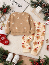 Ensemble Sweat-shirt-shirt et pantalon pour bébé fille nouveau-né, imprimé mignon bonhomme en pain d'épices et nœud, col ras-du-cou, manches longues, doublure thermique épaisse, tissu doux, convient pour les sorties de Noël, automne/hiver