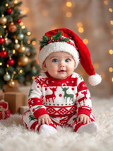 SHEIN 2 pièces Ensemble sweat-shirt + pantalon pour bébé fille, imprimé mignon rouge et blanc avec renne de Noël et sapin, manches longues en peluche épaisse, tenue de fête d'hiver et de vacances