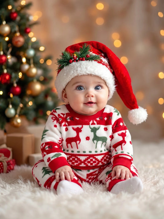SHEIN 2 pièces Ensemble sweat-shirt + pantalon pour bébé fille, imprimé mignon rouge et blanc avec renne de Noël et sapin, manches longues en peluche épaisse, tenue de fête d'hiver et de vacances