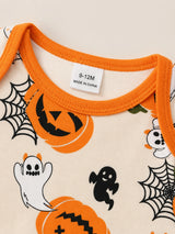 Combinaison à manches longues col ras-du-cou pour bébé garçon nouveau-né et tout-petit, thème fantôme et citrouille d'Halloween, avec bonnet, beige, automne, mignon, assorti pour la famille, pour séance photo de fête