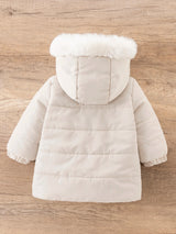 SHEIN Playful Pals Manteau matelassé d'hiver pour bébé fille avec capuche, grand col en fourrure, gants et fermeture éclair, vêtement d'extérieur automne/hiver, style décontracté polyvalent pour bébé fille hiver/printemps