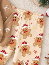 Ensemble Sweat-shirt-shirt et pantalon pour bébé fille nouveau-né, imprimé mignon bonhomme en pain d'épices et nœud, col ras-du-cou, manches longues, doublure thermique épaisse, tissu doux, convient pour les sorties de Noël, automne/hiver