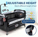 4-in-1 Travel Cot - Bedside Sleeper with Adjustable Height | Foldable Portable Design, Detachable Changing Table, Music Toy Bar, Lockable Wheels, Breathable Mesh, 0-36 Months
