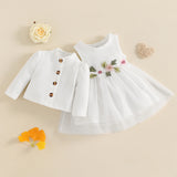 MISOWMNJOY Baby Girl Fall Outfit Spring Fall Long Sleeve Cardigan Coat Flower Embroidery Tulle Tank Dress Toddler 2 Piece Set