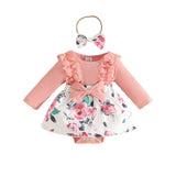 Newborn Girl Dress Style Romper Outfits Long Sleeve Lace Patchwork Floral Pattern Bodysuit Bow-Knot Headband Set