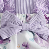 Newborn Girl Dress Style Romper Outfits Long Sleeve Lace Patchwork Floral Pattern Bodysuit Bow-Knot Headband Set