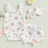 Infant Newborn Baby Girls 3Pcs Summer Outfits, Floral Sleeveless Strap Romper + Shorts + Headband Set 0-18M