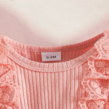 Newborn Girl Dress Style Romper Outfits Long Sleeve Lace Patchwork Floral Pattern Bodysuit Bow-Knot Headband Set