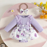 Newborn Girl Dress Style Romper Outfits Long Sleeve Lace Patchwork Floral Pattern Bodysuit Bow-Knot Headband Set