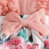 Newborn Girl Dress Style Romper Outfits Long Sleeve Lace Patchwork Floral Pattern Bodysuit Bow-Knot Headband Set