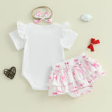 Infant Baby Girls Clothing Set 3Pcs Fashion Summer Short Sleeve Bow Embroidery Romper Shorts Headband Children Outerwear