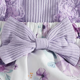 Newborn Girl Dress Style Romper Outfits Long Sleeve Lace Patchwork Floral Pattern Bodysuit Bow-Knot Headband Set