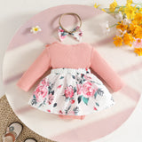 Newborn Girl Dress Style Romper Outfits Long Sleeve Lace Patchwork Floral Pattern Bodysuit Bow-Knot Headband Set
