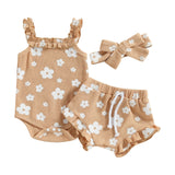 Infant Newborn Baby Girls 3Pcs Summer Outfits, Floral Sleeveless Strap Romper + Shorts + Headband Set 0-18M