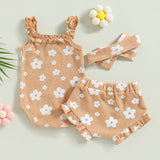 Infant Newborn Baby Girls 3Pcs Summer Outfits, Floral Sleeveless Strap Romper + Shorts + Headband Set 0-18M