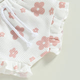 Infant Newborn Baby Girls 3Pcs Summer Outfits, Floral Sleeveless Strap Romper + Shorts + Headband Set 0-18M