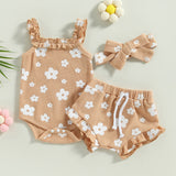 Infant Newborn Baby Girls 3Pcs Summer Outfits, Floral Sleeveless Strap Romper + Shorts + Headband Set 0-18M