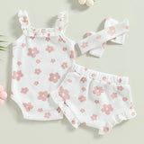 Infant Newborn Baby Girls 3Pcs Summer Outfits, Floral Sleeveless Strap Romper + Shorts + Headband Set 0-18M