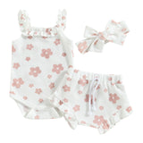 Infant Newborn Baby Girls 3Pcs Summer Outfits, Floral Sleeveless Strap Romper + Shorts + Headband Set 0-18M