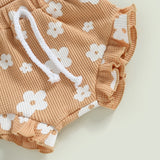 Infant Newborn Baby Girls 3Pcs Summer Outfits, Floral Sleeveless Strap Romper + Shorts + Headband Set 0-18M