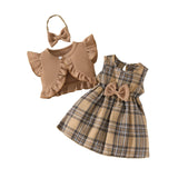 3Piece Sets Summer Baby Girl Clothes Fashion Plaid Cute Bow Cotton Tops+Sleeveless Princess Dress+Hair Band Newborn