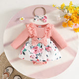 Newborn Girl Dress Style Romper Outfits Long Sleeve Lace Patchwork Floral Pattern Bodysuit Bow-Knot Headband Set