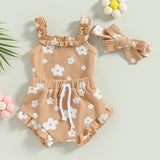 Infant Newborn Baby Girls 3Pcs Summer Outfits, Floral Sleeveless Strap Romper + Shorts + Headband Set 0-18M