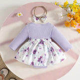 Newborn Girl Dress Style Romper Outfits Long Sleeve Lace Patchwork Floral Pattern Bodysuit Bow-Knot Headband Set