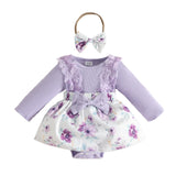 Newborn Girl Dress Style Romper Outfits Long Sleeve Lace Patchwork Floral Pattern Bodysuit Bow-Knot Headband Set