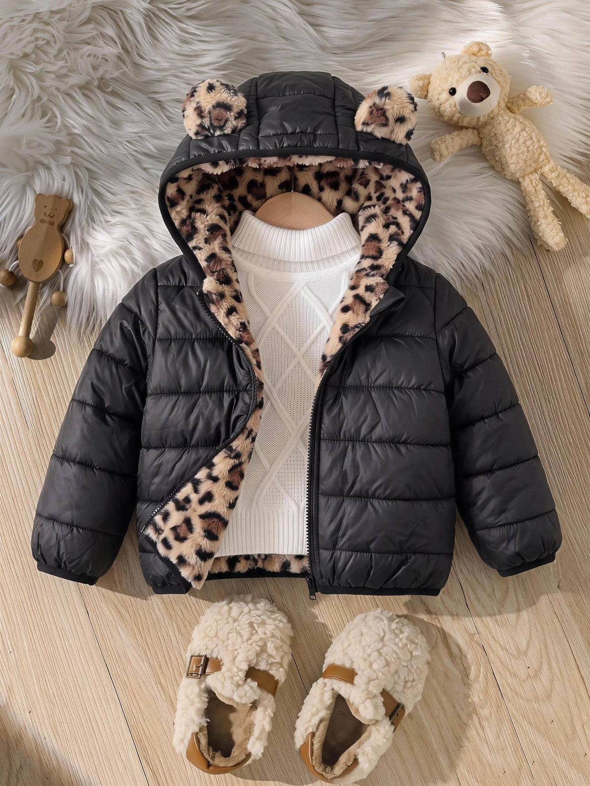 SHEIN Veste à capuche mignonne pour bébé fille en polaire noire avec imprimé léopard, style réversible épais, convient pour l'automne/l'hiver