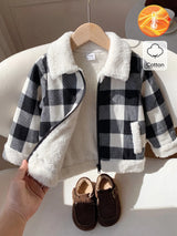 SHEIN Souflis Veste ouverte à carreaux noir et blanc doublée de thermique pour bébé fille/garçon, bordure en fourrure, Top cowgirl décontracté et modeste avec fermeture éclair pour automne/hiver, 6M-3T