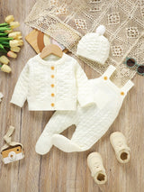 SHEIN Vintaside Kids Ensemble de 3 pièces pour nouveau-né en tricot, cardigan blanc à col rond manches longues, bavoir, salopette et bonnet d'automne, vêtements garçon blanc cassé kawaii