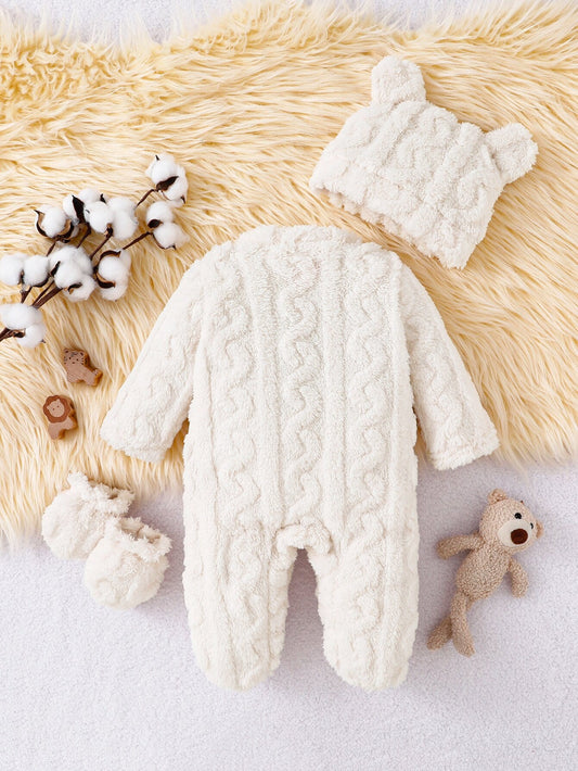 Barboteuse en peluche ours mignon pour nouveau-né, tissu doux texturé, combinaison bébé à manches longues en polaire épaisse et chaude, automne hiver